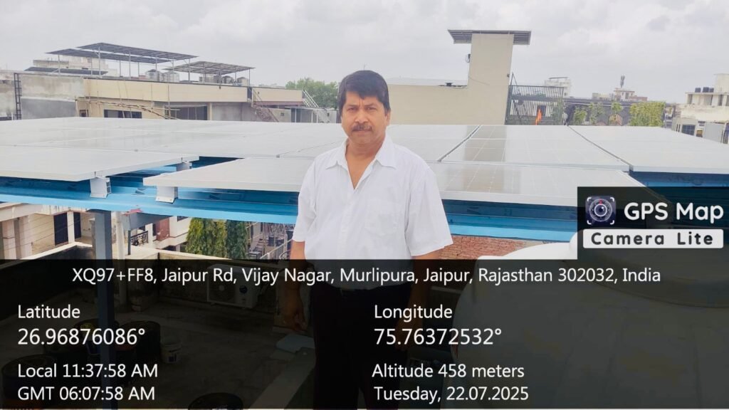 Engineers installing a 15KW solar panel system on a residential rooftop in Jaipur under PM Surya Ghar Yojana