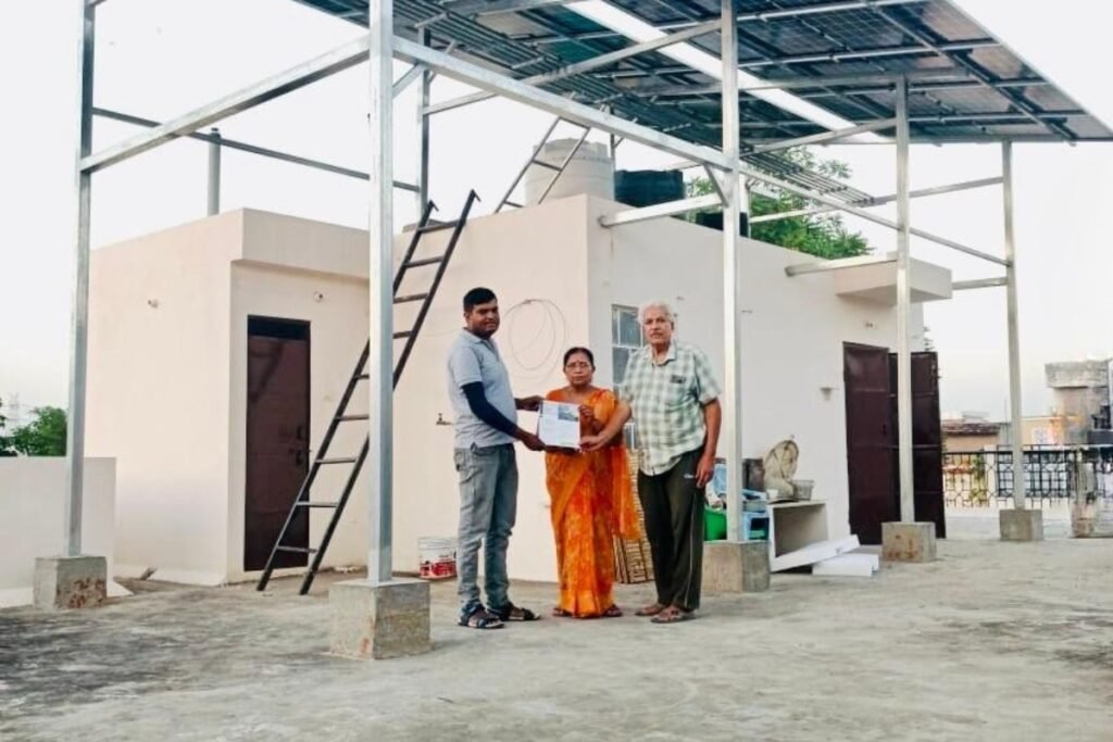Rooftop solar panel installation at residence of Mr. Gajanand Kanoonga in Bhankrota Jaipur under PM Surya Ghar Yojana.