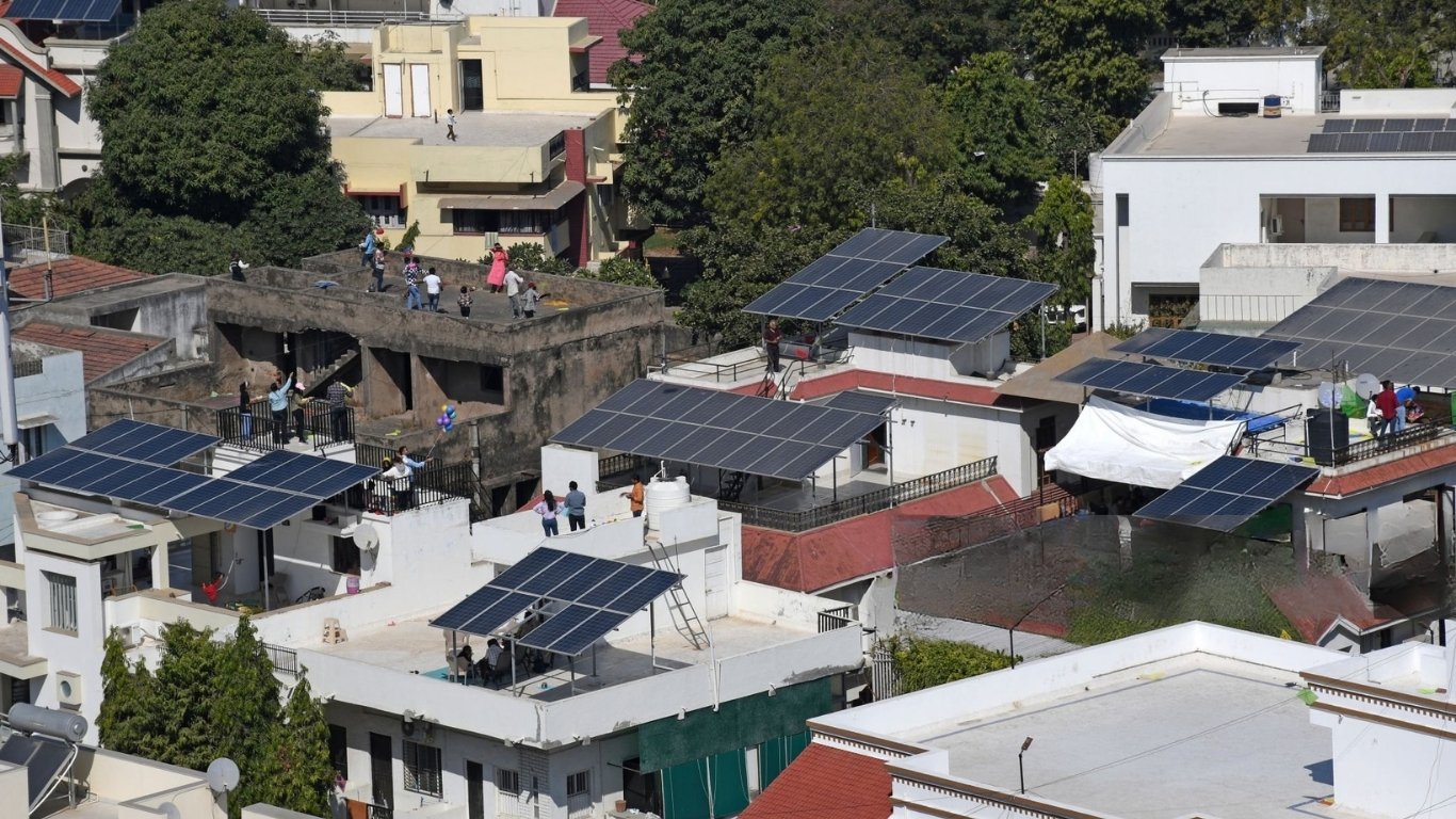 Rooftop solar panels on residential buildings in India